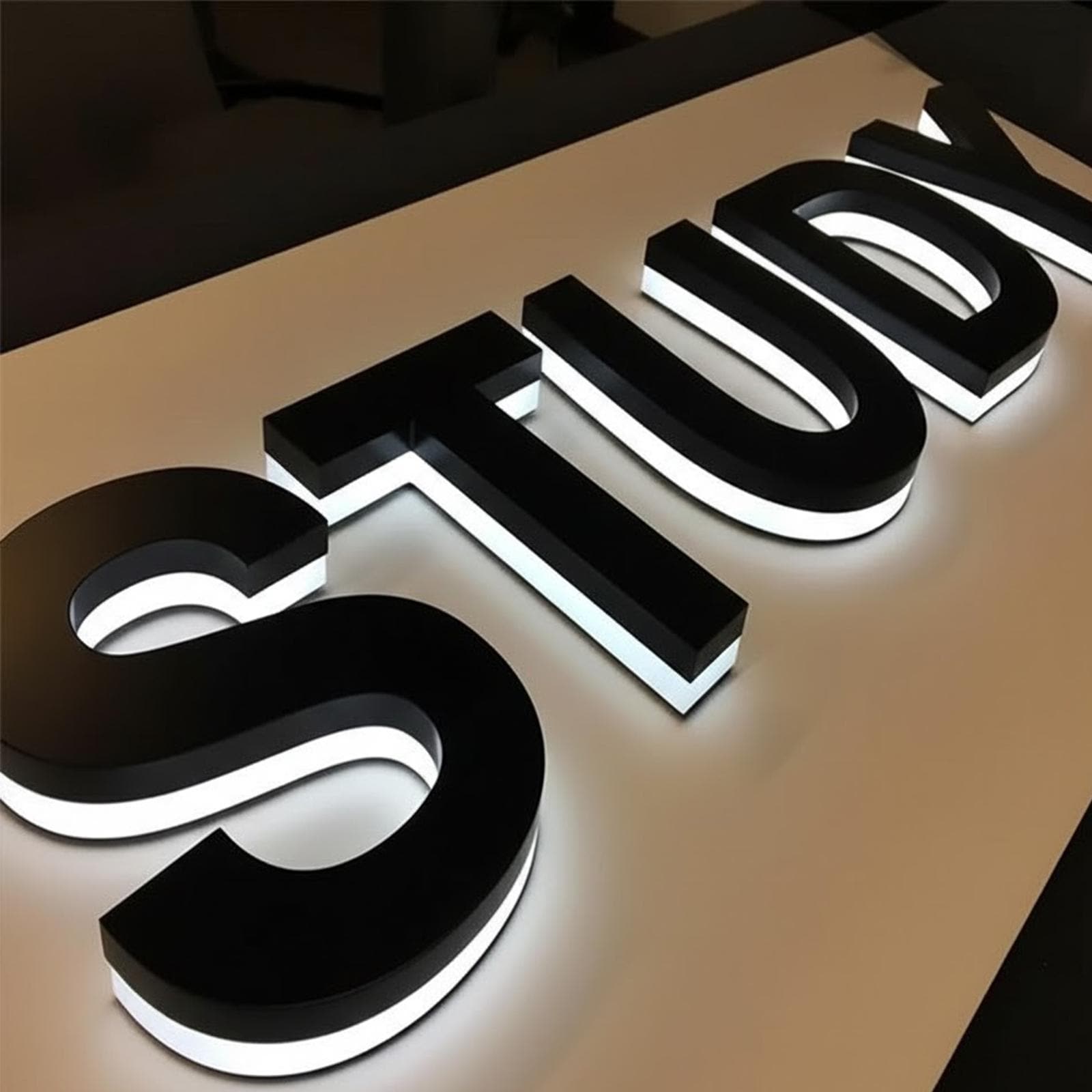 Custom LED Halo Backlit Metal Logo Sign – Brushed Champagne Gold Finish