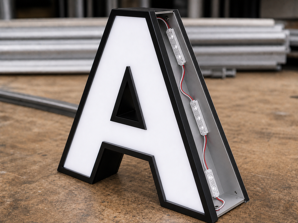 Materials and construction detail - custom front-lit channel letters for exterior storefronts