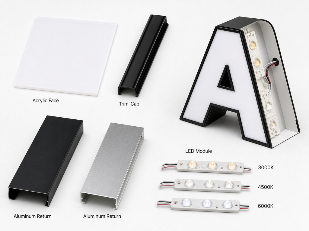 Size, color, lighting, and mounting options - custom front-lit channel letters for exterior storefronts