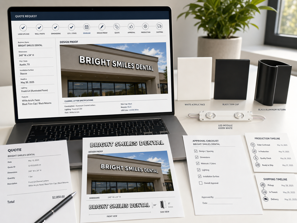 Quote, proof, approval, and production workflow - custom front-lit channel letters for exterior storefronts