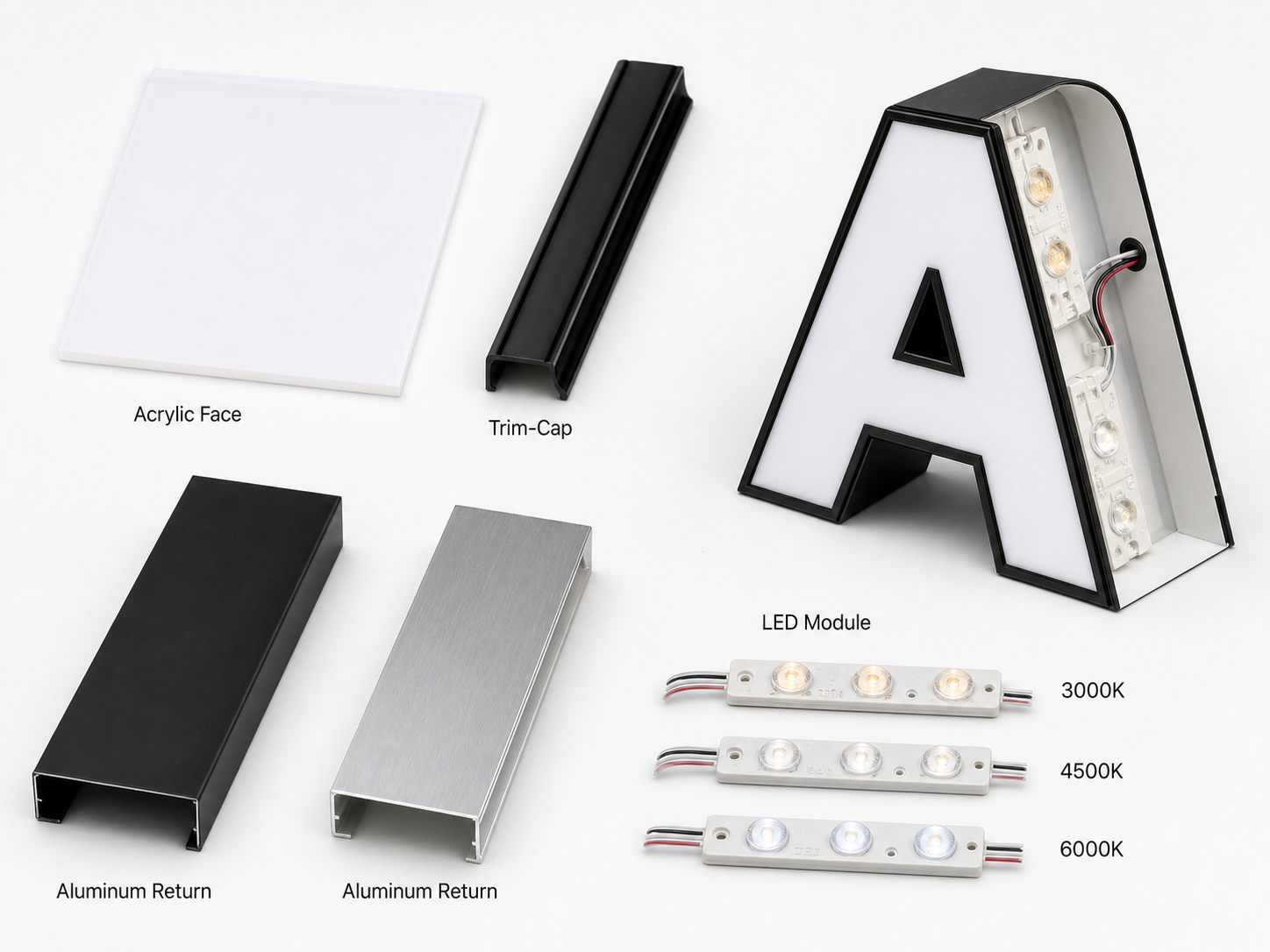Size, color, lighting, and mounting options - custom front-lit channel letters with acrylic faces and aluminum returns