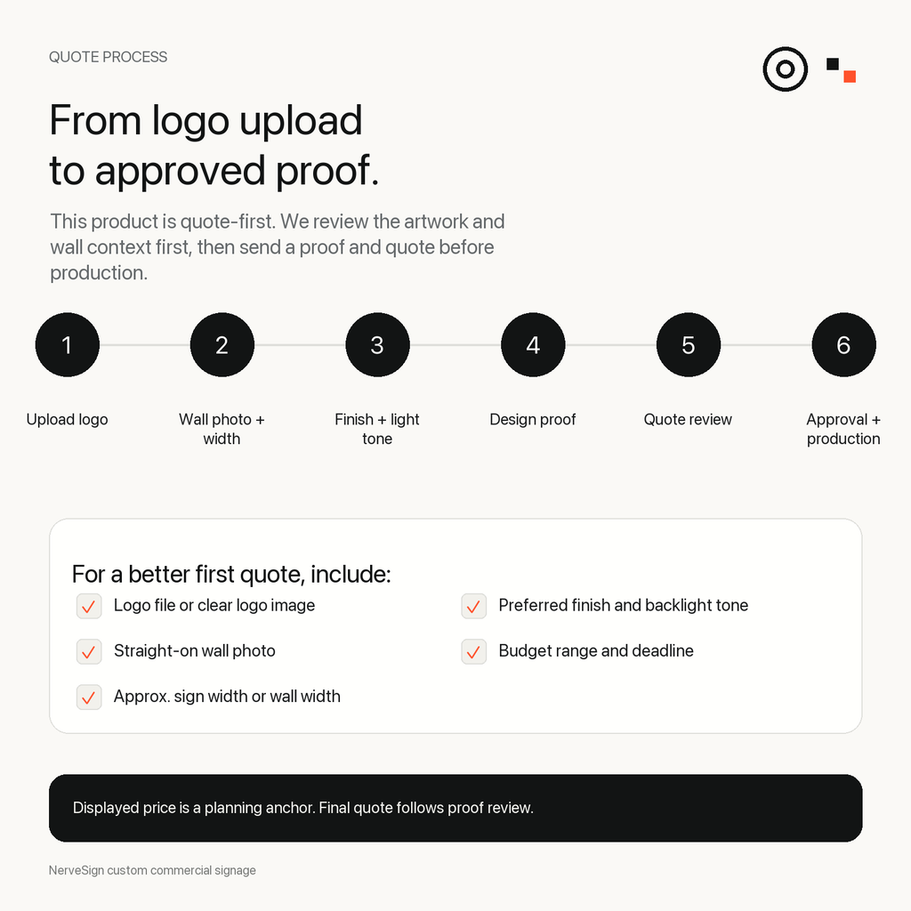 Quote, proof, approval, and production workflow - custom premium backlit reception logo signs
